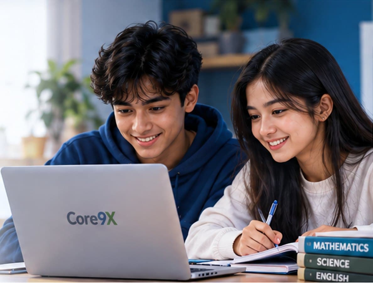 Two students studying together at a laptop with Mathematics, Science and English books