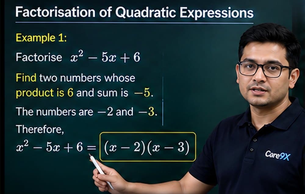 A teacher explaining how to factorise a quadratic expression at a blackboard